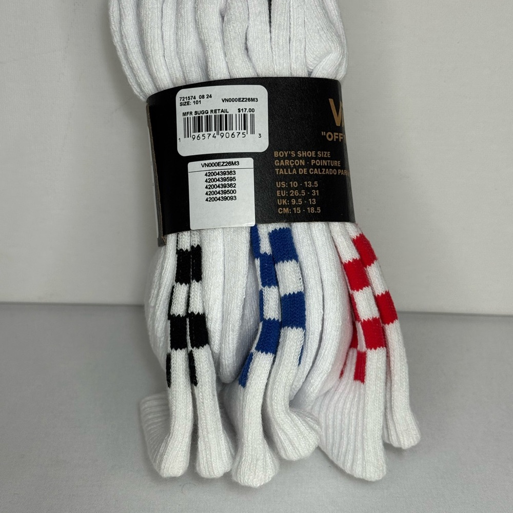 Vans Boy’s White Crew Socks with Red, Blue, and Black Checkered Pattern - Picture 2 of 5